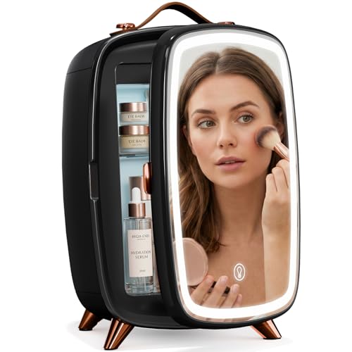 Image of Antarctic Star 6L /8 Cans Makeup Mini Refrigerator with Dimmable LED Light Mirror for Bedroom, Car, Office & Dorm,Portable Small Cooler for Cosmetics,Skin Care,BLACK