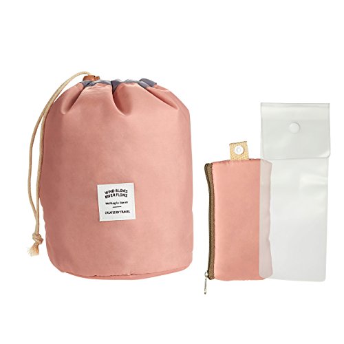 Large Makeup Bag - Travel Toiletry Organizer with Small Pouch and Clear PVC Brush Bag, Multi functional Polyester Cosmetic Storage Drawstring Bags for Women - Pink