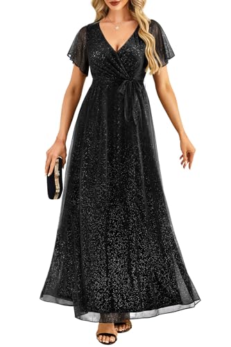 Pinup Fashion Black Formal Dresses for Women Evening Gowns Gala Prom Long Wedding Guest Elegant Sequin Sparkly Maxi Dress with Sleeves