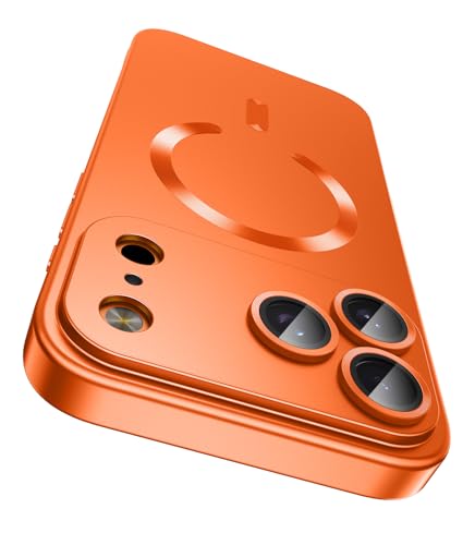 LEKEVO Magnetic for iPhone 17 Pro Max Case, Compatible with MagSafe, Built-in Camera Lens Protector, Slim Thin Soft Silicone Bumper Shockproof Metallic Luster Phone Case (Orange)
