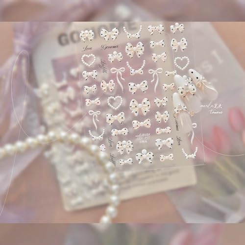 Image of Bow Nail Stickers Polka Dot Bow Nail Decals with Pearl Design 5D Embossed Self Adhesive DIY Manicure Charms Supply Decoration for Women