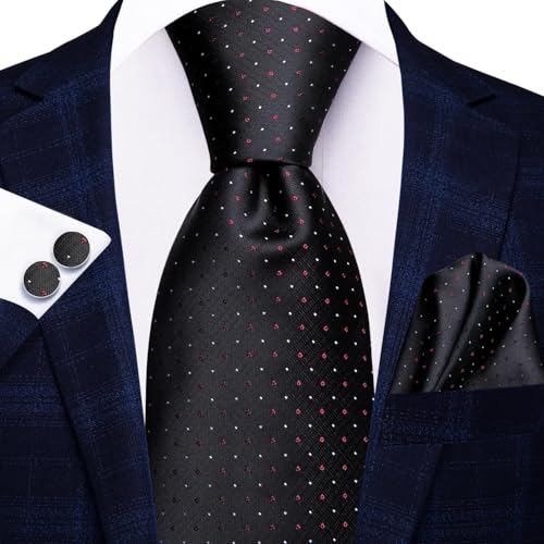 Image of Dubulle Mens Black Red Tie and Lapel Pin Woven Silk Red Dots Casual Necktie for Men Pocket Square Cufflinks Wedding Party