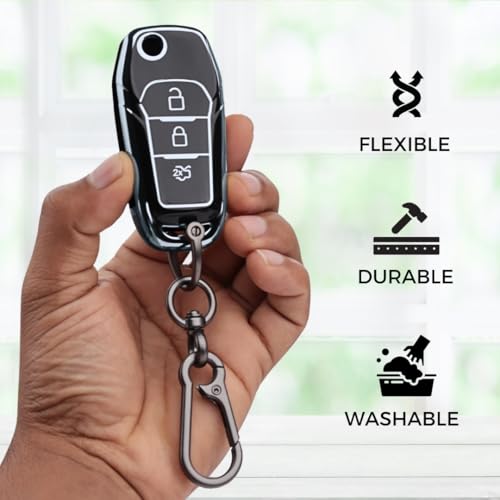 Image of KEYCEPT Silver Line TPU Key Cover Compatible with Ford Figo, Aspire, Endeavour Flip Key 3 Button with Keychain. (Type 1, Black)
