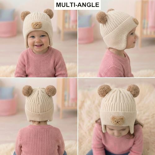 Image of Kraptick Children's Pompom Winter Warm Caps for Toddlers & Kids, Soft Knitted Beanie with Warm Earflaps, Cute Teddy Bear Design, Unisex Baby Woolen Hat-2