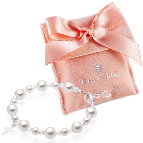 Pearl Bracelets for Girls, Sterling Silver Cross Charm, Baptism Gifts for Girl, Baby Bracelet with Simulated White Pearls and Crystals, Girls Jewelry Birthday Gift