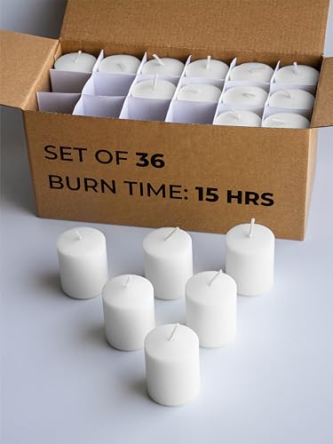CANDWAX Unscented White Votive Candles Set of 36 - Clean-Burning, Long-Lasting 15 Hour Burn - Ideal for Weddings, Home Décor, Spa, Events - Bulk Value for Versatile Use