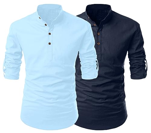 Image of FINIVO FASHION Combo of Men's Cotton Blend Solid Regular Fit Full Sleeve Straight Short Kurta Shirt, Casual and Formal Wear