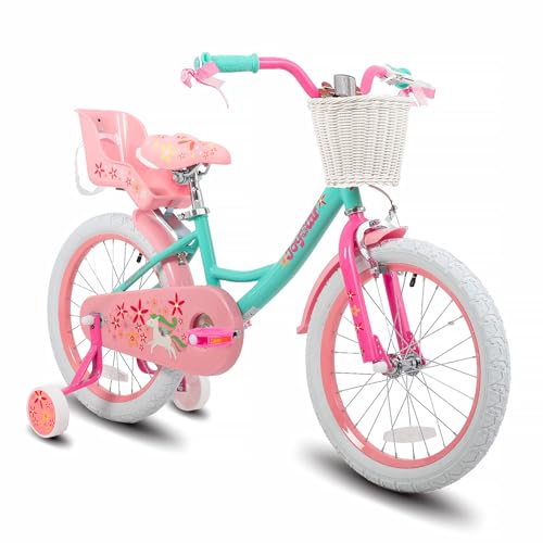JOYSTAR Unicorn 18 Inch Kids Bike for 5-8 Years Girls with Doll Bike Seat 18' Children Bicycle with Training Wheels Basket Streamer Princess Kids' Bikes Green