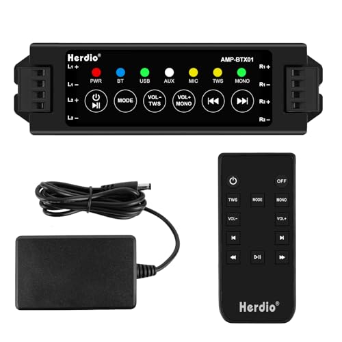 Herdio 4-Channel Bluetooth Amplifier 19V3A Adapater for App & Remote Control with Power-Off Memory Bluetooth 5.0/USB/MIC/AUX/TWS Use for Ceiling/Wall/Bookshelf Speakers