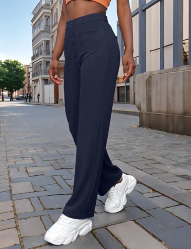 Women's High Waisted Straight Leg Pants Button Stretchy Business Work Casual Trousers with Multiple Pockets Spring Pants