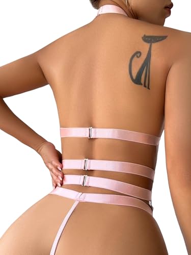 Image of Foxiny Sexy Halter Heart Ring Cutout Chain Floral Lace Sheer Garter Belt Lingerie Set 3 Piece