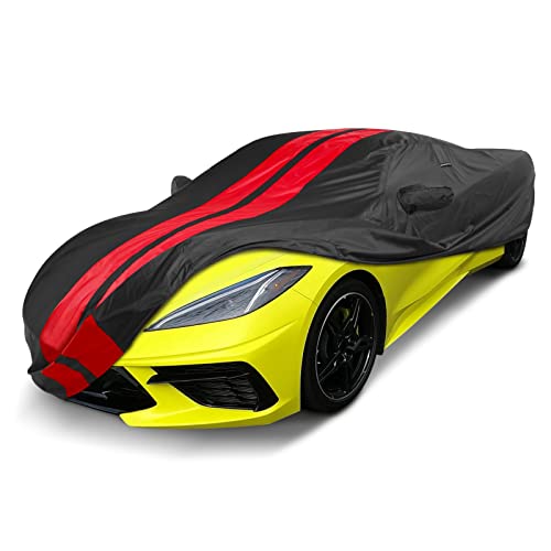 Image of Coverland Custom Car Cover Waterproof All Weather for 2020-2026 Chevy Corvette C8, E-Ray, Z06, ZR1, ZR1X w /o High Wing Spoiler, Weatherproof Covers for Automobiles Protection, Stripe(Black /Red)