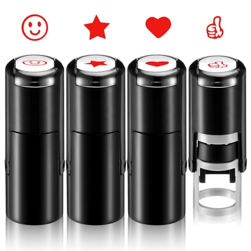 4 Pcs Round Teacher Hand Print Stamp Personalized Mini Stamps Red Ink Heart Paw Print Star Thumbs-up Shapes Mini Self Inking Stamps for Classroom Party Educational Learning Activities Craft Supplies