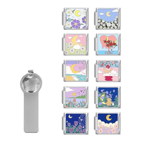 papasgix Italian Charm Bracelet Charms Pack Links Bulk with Opening Tool 9mm Italian Charms 10 Flowers Italian Modular Bracelet Links Handmade DIY Jewelry Moon Sun