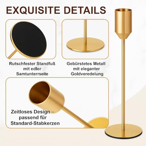 Alcohu 3er Set Goldene Kerzenständer Aus Metall – Vintage Stabkerzenhalter für Esstisch, Kamin & Wohnzimmer, Elegante Tischdeko für Hochzeit, Abendessen, Passend für Standard-Stabkerzen (Ø 2,2 cm)