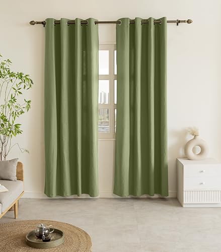 Image of THE LINEN COMPANY Cotton Room Darkening Curtain, Light Blocking Curtain 10 feet with Eyelet Rings for Long Door Pack 2 for Living Room, Bedroom (4.5ft x 10ft, Avocado Green)