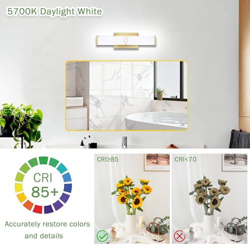 Image of 16 Inch Bathroom Vanity Light 2000LM, 5700K Daylight White Modern Bathroom Light Dimmable, AC 120V 20W Gold LED Vanity Lighting Fixtures Wall Sconce ETL Certified, 2Pack