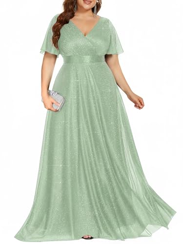 Image of Ever-Pretty Plus Women's Glitter Formal Dress Evening Gown for Gala V-Neck Short Sleeve Floor Length Plus Size Prom Dresses