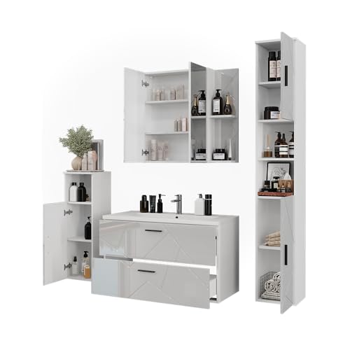 Vicco Set Di Mobili Da Bagno Bianco/Bianco Lucido 5 Parti - 5