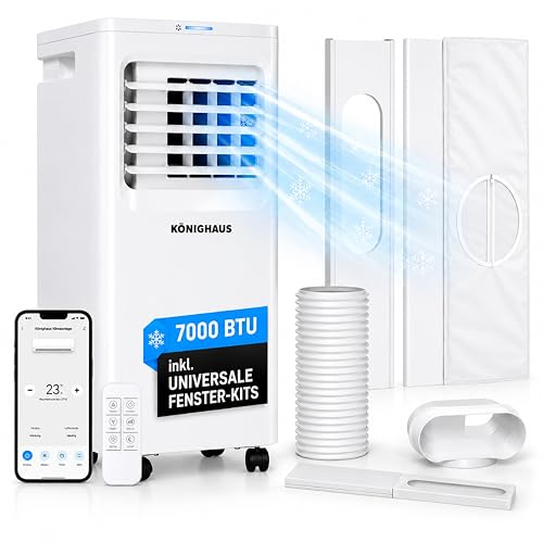 Könighaus Smarte EU Mobile Klimaanlage 7000 BTU für deutsche Kippfenster geeignet - Kühlung Entfeuchtung Ventilator und Luftreinigung energieeffizient (A) inkl. Fernbedienung und App