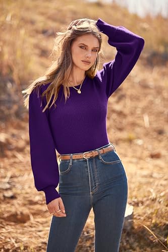 Image of MASCOMODA Womens Puff Long Sleeve Ribbed Sweater Bodysuits | Fall Winter Outfits 2026, Crewneck Knitted Bodysuit Dressy Casual, Cute Slim Fit Pullover Tops, Work, Date, Dress Up & Down