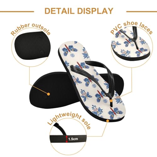 ALAZA Retro Blue Butterfly Flip Flops for Women Fashion Beach Slippers Comfort Mens Flip Flops Non-Slip Rubber Shower Slippers Sandal for Hotel Travel Sport,XS3