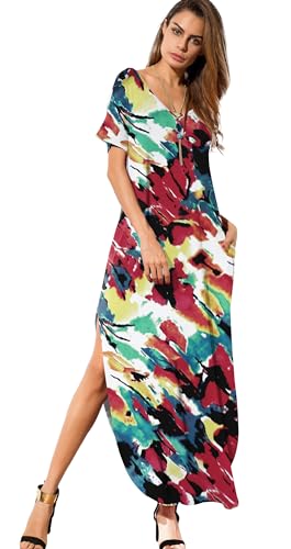 Image of GRECERELLE Women's Summer Maxi Dress Casual Loose V Neck Short Sleeve Side Split Long Dresses with Functional Pockets