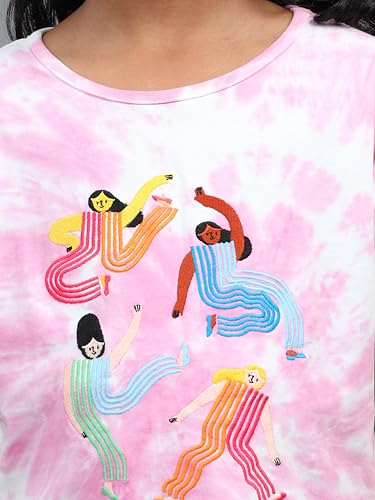 Image of Under Fourteen Only Girls Cotton Round Neck Tie-Dye T-Shirt | Soft & Comfortable Knit Fabric | Stylish Half Sleeve Casual Top for Kids | Trendy Everyday Wear | Pink (10-11 Years)