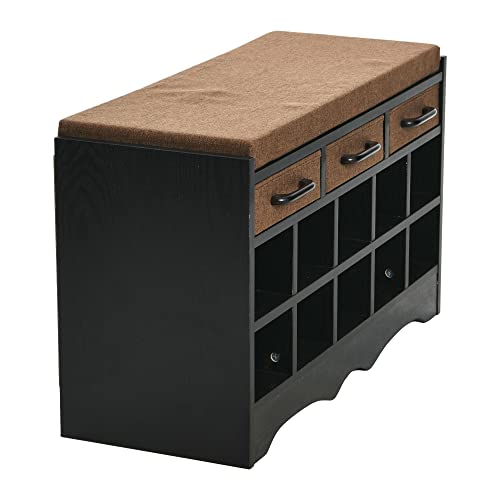 Household-Essentials-Entryway-Storage-Bench-with-3-Brown-Drawers-10-Shoe-Compartments-and-Cushioned-Seat-in-Black-Oak-Wood-Grain Household Essentials Entryway Storage Bench with 3 Brown Drawers 10 Shoe Compartments and Cushioned Seat in Black Oak Wood Grain