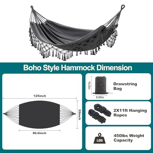 Image of JoyView Boho Macrame Double Hammock with Hanging Ropes & Elegant Tassels 86.6x59 Portable Cotton Hammock for Patio Backyard Porch 450LBS Weight Capacity Perfect for Outdoor /Indoor - Dark Grey