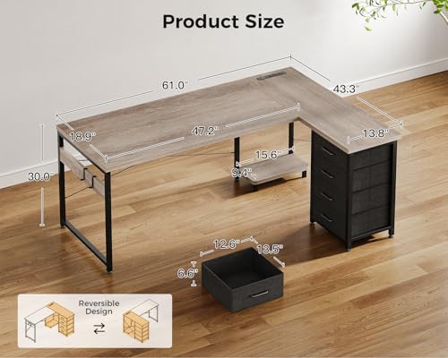 Image of AODK L Shaped Gaming Desk with 4 Drawers, 61 inch Reversible Home Office Desks with Power Outlets, L Shaped Computer Desk with USB Charging Port and Host Stand, Corner Desk, Easy to Assemble, Grey