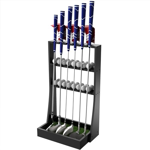 Golf Club Holder, Golf Putter Stand for 36 Balls Tray Storage & 6 Clubs & 3 Golf Head Covers, Golf Club Stand Display Rack for Home Indoor Outdoor Office, Golf Club Organizer for Club Simulator, Black