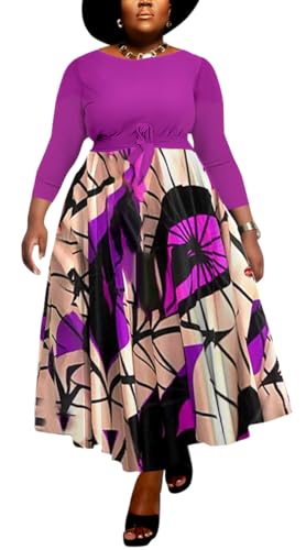 Image of BFFBABY Women's Wrap V Neck Plus Size Maxi Dresses 3 /4 Sleeves Chain Floral Printed Swing Dress with Belt
