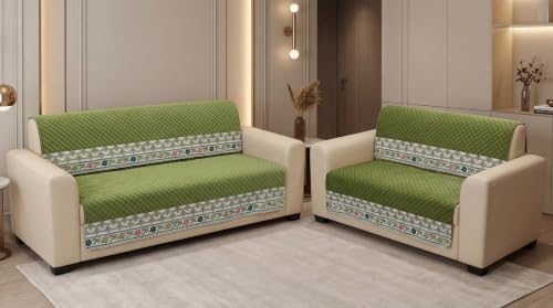 Image of KINGLY Sofa Cover 5 Seater 3+2 Velvet Full Cover - Olive Green | Fully covered quilted velvet slipcover, washable anti-slip thick furniture protector for 3+2 living room sofa