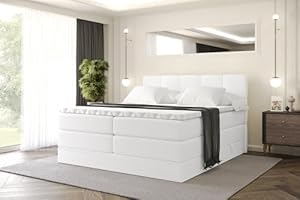 ALTDECOR Boxspringbett mit Matratze und Lattenrost, Topper, Polsterbett mit Bettkasten, Bett mit Stauraum H3- und H4- Matratze, Doppelbett, Springboxbett -LIRO KING-140x200 - Weiß Kunstleder