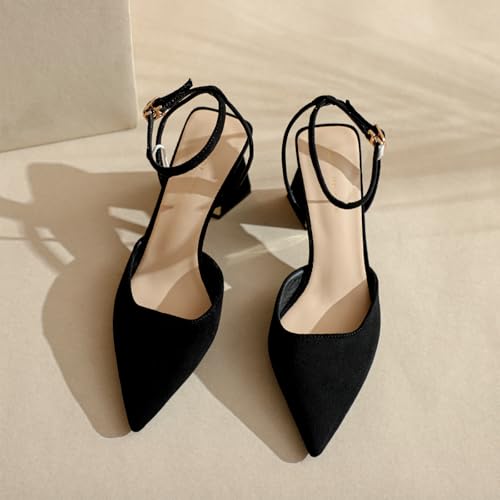 Women's Suede Slingback Chunky Low Heels Closed Pointed Toe Comfortable Ankle Strap Elegant Wedding Party Dress Pumps2