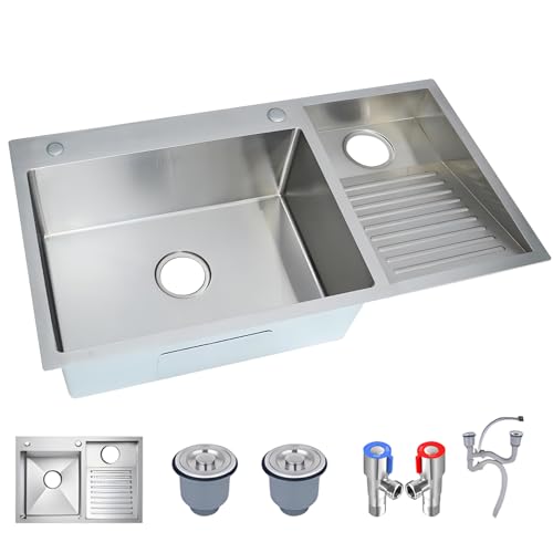 Fregadero de acero inoxidable con tabla de lavado, lavabo para cocina, baño, balcón, fregadero de sótano con diseño de doble cuenco fácil de limpiar (900 mm)