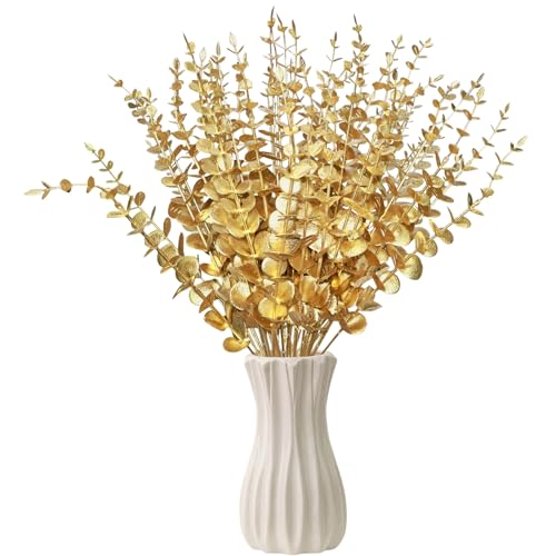 ABYCZFCD 50 Pcs Gold Flowers Gold Eucalyptus Leaves Stems 15 Faux Eucalyptus Leaves Decor Fake for Wedding Party Bouquet House Home Farmhouse Vase DIY Craft