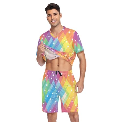 Rainbow Star Men’s Pajama Sets Short Sleeve Lounge Wear with Elastic Waistband and Drawstring3