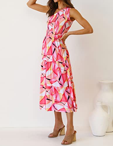 Image of ZESICA Women's 2026 Bohemian Summer Floral Print One Shoulder Sleeveless Smocked Ruffle Tiered Beach Long Midi Dress