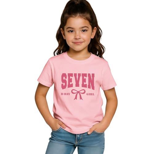 MULOIUDZ Seven Birthday Girl Shirts 7th Girls Birthday Outfits Kid Bow B-Day T-Shirt 7 Years Old Party Tees Gift Tops(Pink 7th)