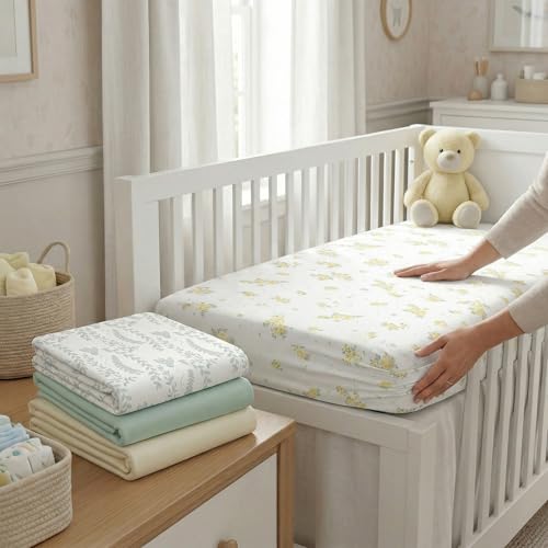 Image of 4 Pack Stretchy Bassinet Sheets 20 inch x 35 inch Compatible with Newton, Ezebaby, Angelbliss, AMKE(3 in 1) & Other Large Bedside Sleeper - Soft Breathable Fitted Bassinet Sheets - Light Floral Yellow