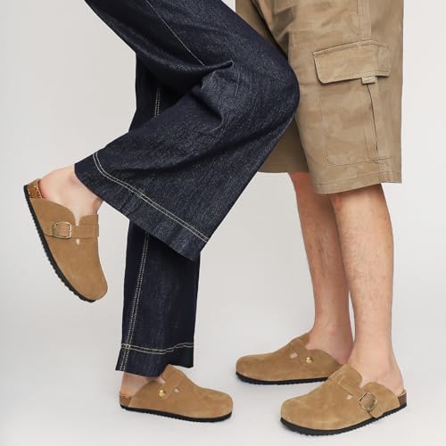 Image of ZUSERIS Suede Clogs for Women Men Wide Width Leather Mules | Soft Cork Footbed,Arch Support,Comfort Potato Shoes
