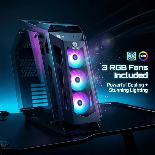 Image of Raptor Sentinel Open Frame Gaming PC Cabinet with 3 RGB Fans Included (Black /White) | mATX & Mini-ITX Support | Tempered Glass Panels | High Airflow Mid Tower Case for Gaming Builds