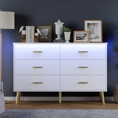 White Dresser for Bedroom, Dressers & Chests of Drawers for Clothes Storage, Wood Dresser for Closet with 6 Drawers, Wide Long Clothes Organizer with LED Light for Hallway, Entryway, Metal Handles - Image 4
