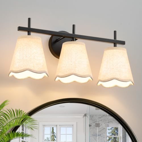 Linour 3-Light Bathroom Light Fixtures, Black Modern Vanity Lights with Scalloped Linen Fabric Shade, Bathroom Wall Lamp for Mirror Kitchen Living Room Hallway Cabinet Porch
