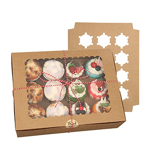 EZOLY 10 Piezas Cajas para Cupcakes de 12 cavidades, 32 x 25 x9 cm Cajas para Tartas con Inserto y Ventana de visión Grande, Cajas para Pasteles, Galletas, Tartas, Cupcakes (Marrón)