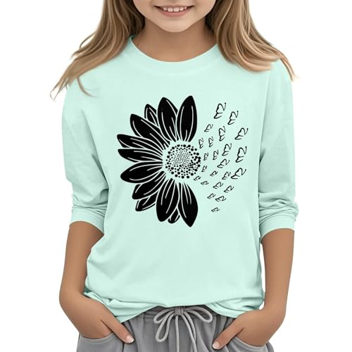 Girls 3/4 Sleeve Graphic Tops Crewneck Floral Patterned T Shirts for Kids Teens Soft Three Quarter Sleeve Blouses