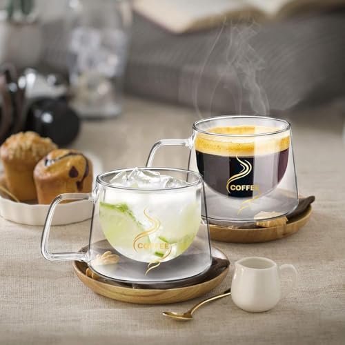 Image of Coffee Print Double Wall Glass Coffee Mugs Espresso Mugs with Square Handle Glass Cappuccino Cups Tea Clear Coffee Insulated Cups Gift Set for Latte Tea Bag Beverage Cafe Kitchen 250 ml