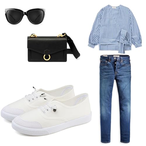 Image of Womens White Canvas Sneakers Lightweight Lace Up Fashion Comfortable Canvas Shoes Low Top Slip On Casual Tennis Walking Shoes Women Footwear